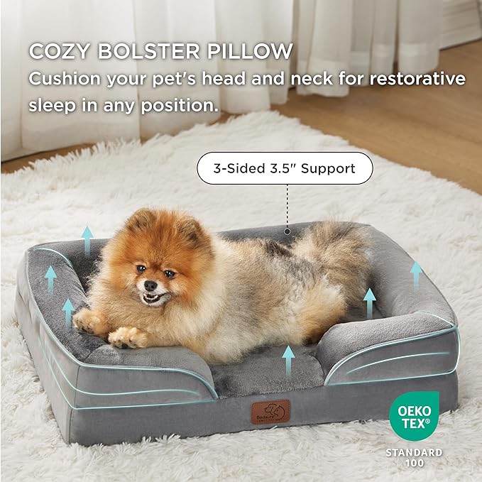 Bedsure Orthopedic Dog Bed - Bolster Dog Sofa Beds for Small Dogs, Supportive Foam Pet Bed with Removable Washable Cover, Waterproof Lining and Nonskid Bottom Couch, Grey