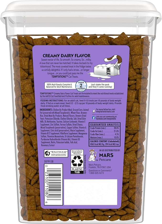 Temptations Classic Crunchy and Soft Cat Treats Creamy Dairy Flavor, 16 oz. Tub (Pack of 2)