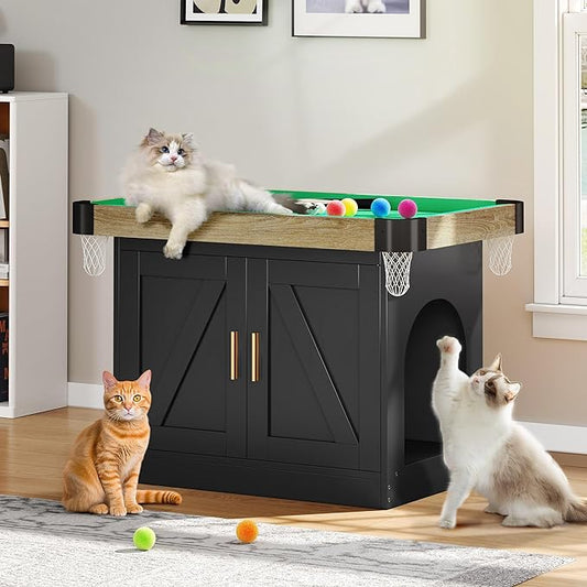 DWVO 2-in-1 Litter Box Enclosure Hidden with Cat Pool Table, Cat Litter Box Enclosure Furniture for Indoor, Wooden Cat Cabinet with Mini Pool Table Tower, 1 Feather Teaser Sticks & 6 Felt Balls, Black