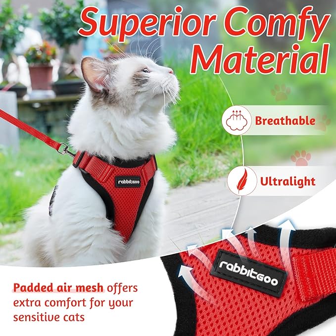 rabbitgoo Cat Harness and Leash for Walking, Escape Proof Soft Adjustable Vest Harnesses for Cats, Easy Control Breathable Reflective Strips Jacket, Red, S