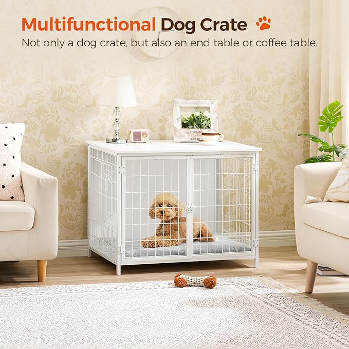 Dog Crate Furniture with Cushion, Wooden Dog Kennel with Double Doors, Heavy Duty Dog Cage for Small/Medium/Large Dogs, Indoor Dog House End Table, 31.5" L, White DCBW0701