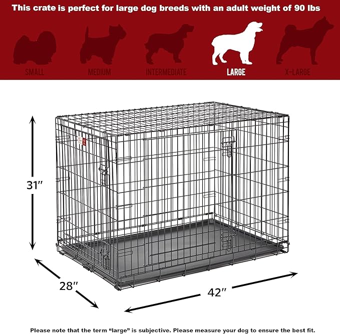 MidWest Homes for Pets Large Dog Crate | MidWest Life Stages Double Door Folding Metal Crate | Divider Panel, Floor Protecting Feet, Leak-Proof Pan | 42L x 28W x 30H Inches For Large Dog Breed