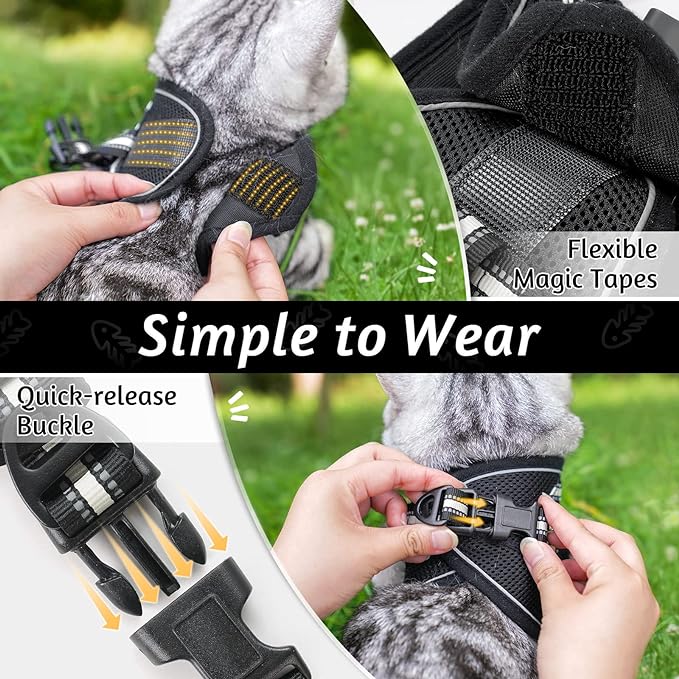 rabbitgoo Cat Harness and Leash Set for Walking Escape Proof, Adjustable Soft Kittens Vest with Reflective Strip for Cats, Comfortable Outdoor Vest, Black, L