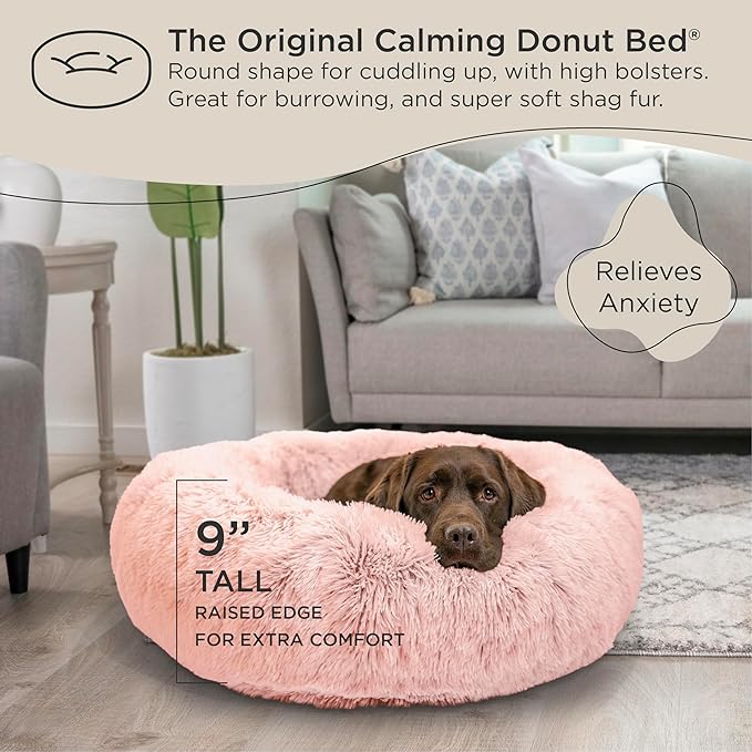 Best Friends by Sheri The Original Calming Donut Cat and Dog Bed in Shag Fur Cotton Candy Pink, Large 36"