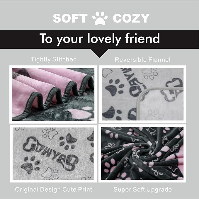 1 Pack 3 Blankets for Dogs, Dog Blankets for Large Dogs, Medium Dog Blanket Super Soft Fluffy Premium Fleece Pet Blanket Flannel Throw for Dog Puppy Cat Bone Paw Prints Blanket, Grey Pink, 41x31inch