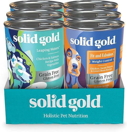 Solid Gold Wet Dog Food Variety Pack for Picky Eaters - Fit & Fabulous Chicken + Leaping Waters Chicken & Salmon Grain Free Canned Dog Food - Made with Real Protein for Sensitive Stomachs - 6 Pack