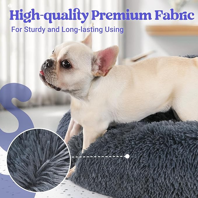 rabbitgoo Calming Dog Bed for Small Medium Dog, 30 inches Pet Bed Machine Washable, Non-Slip Round Fluffy Plush Faux Fur Large Cat Bed, Soft Donut Cuddler Cushion for Small Dog, Dark Grey