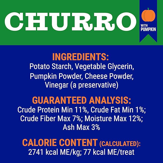 CHURRO Pumpkin and Cheese Treats | Cheese Churro | Lactose Free - Gluten Free - Grain Free | USA Made | for All Breeds | 16 x 6 inch Churros | Pumpkin