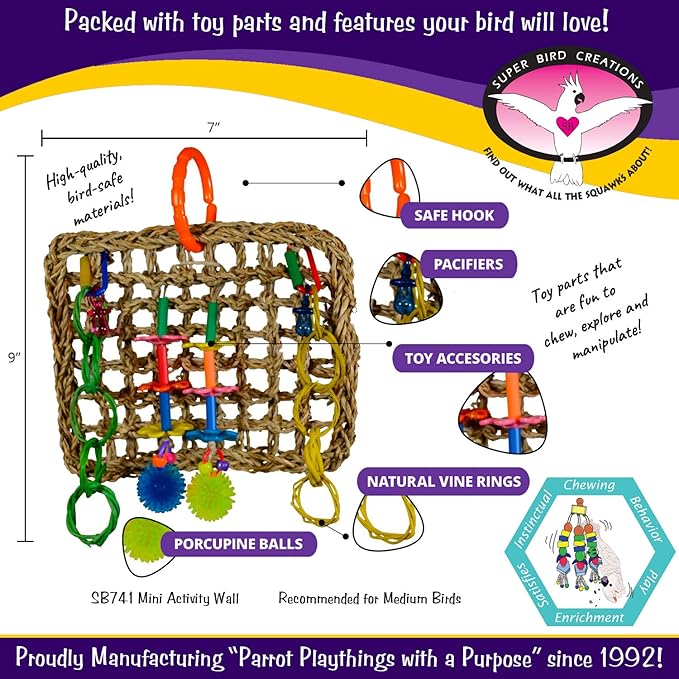Super Bird Creations SB741 Seagrass Mini Activity Wall with Colorful Foraging Toys for Parrots, Medium Size, 9” x 7” x 2”