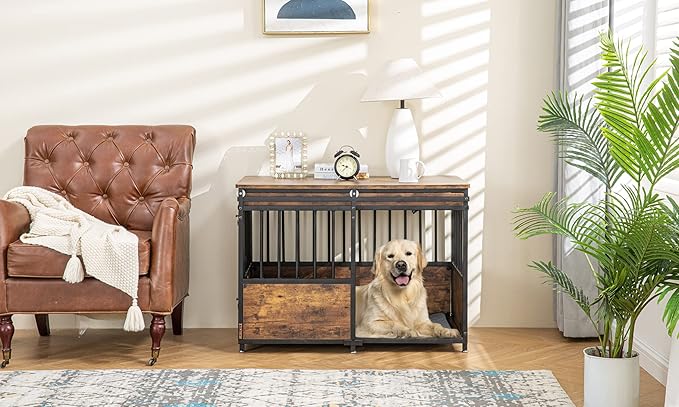 KOOPRO 40 Inch Dog Crate Furniture with Cushion for Large Medium Dogs, Wooden Heavy Duty Dog Kennel with Double Doors, Decorative Pet House Dog Cage Side End Table Indoor, Sliding Door Chew-Resistant