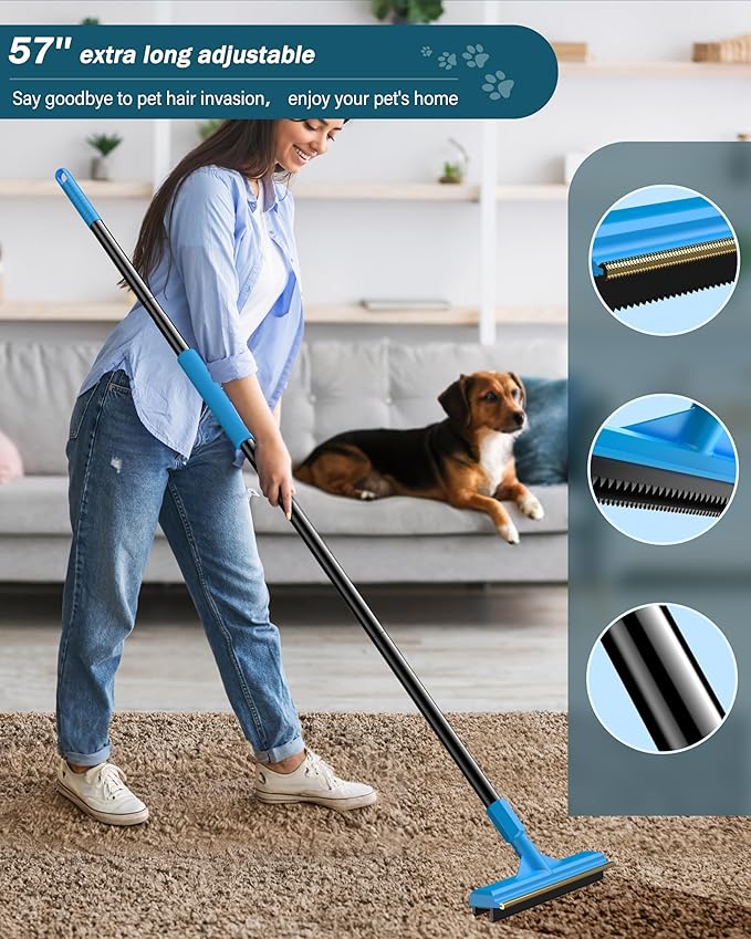 57''Pet Hair Removal Tool,Adjustable Long Handle Carpet Rake Cat Dog Hair Remover,Innovative Design Pet Hair Deep Carpet Cleaner Scraper for Fur Rug,Stairs,Couch& Hard-to-Reach Places (Extra Large)