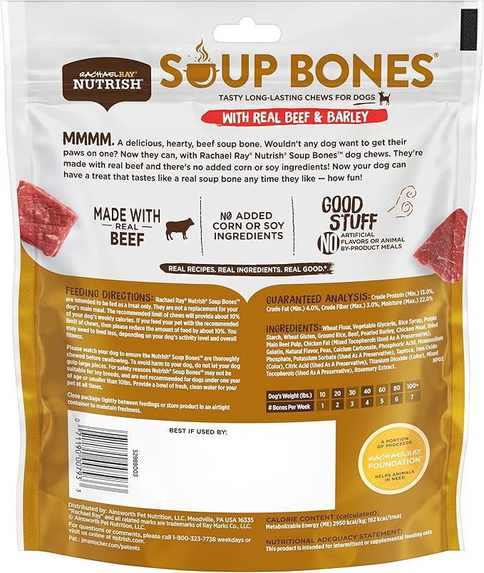 Rachael Ray Nutrish Soup Bones Dog Treats, Beef & Barley Flavor, 6 Bones