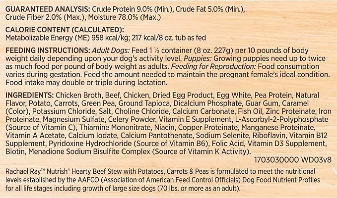 Rachael Ray Nutrish Premium Natural Wet Dog Food, Hearty Beef Stew Recipe, 8 Ounce Tub