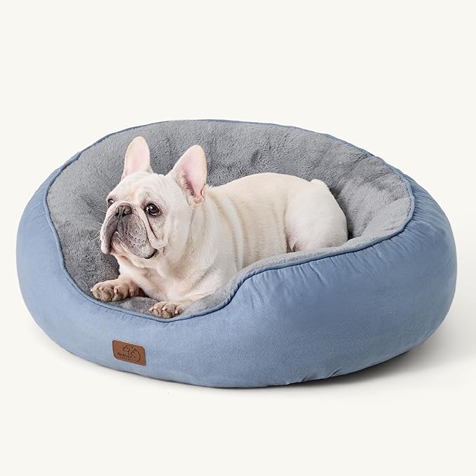 Bedsure Dog Bed for Medium Dogs - Round Washable Medium Pet Bed, Anti-Slip Donut Fluffy Plush Indoor Fur Cat Bed, 30 inches, Frost Blue