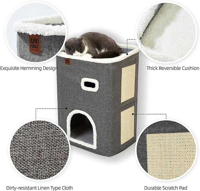 CATBOAT 2-Storey Cat House for Indoor Cats Bed, Covered Cat Cave Beds & Furniture with Scratch Pad and Hideaway Cave, Cute Modern Cat Condo for Multi Small Pet Large kitten kitty, Grey