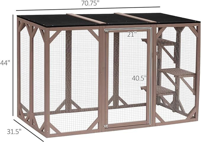 71 Inch Wooden Catio Outdoor Cat Enclosure, Kitty-House with Jumping Platforms & Weatherproof Asphalt Roof, Walk-in Kitty Kennel Condo Shelter