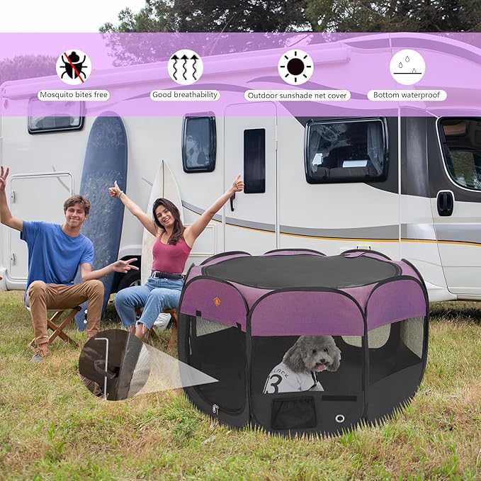 Pet Puppy Dog Playpen, kitten Playpen Indoor/Outdoor, Portable Dog Play Pen Tent Crates Cage for Medium Dog and Cat, Foldable Pop Up Dog Kennel Playpen with Waterproof Bottom & Top Cover, Purple