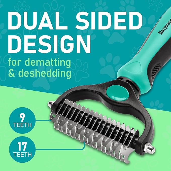 Maxpower Planet Pet Grooming Brush - Double Sided Shedding, Dematting Undercoat Rake for Dogs, Cats - Extra Wide Dog Grooming Brush, Dog Brush Shedding, Cat Brush, Reduce Shedding by 95%, Turquoise