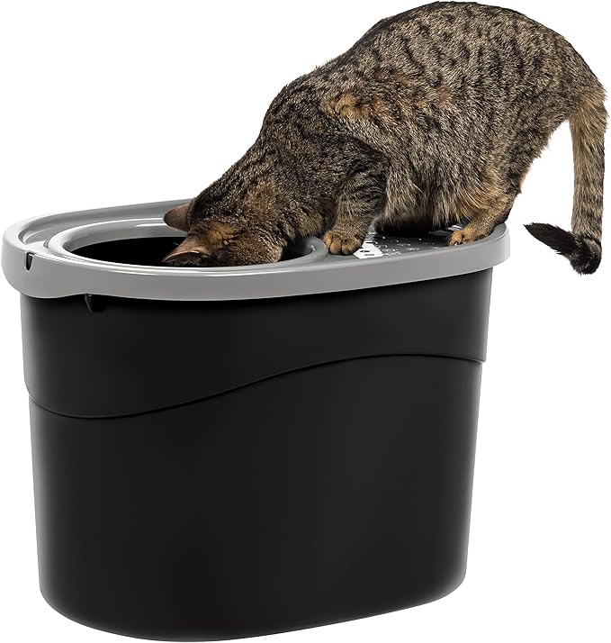 IRIS USA Oval Top Entry Cat Litter Box with Scoop, Kitty Litter Box, Cat Litter Box Enclosure, Large, Black/Gray