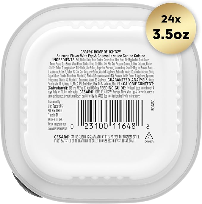 CESAR HOME DELIGHTS Adult Wet Dog Food Sausage Flavor with Egg and Cheese in Gravy, 3.5 oz. Easy Peel Trays, Pack of 24