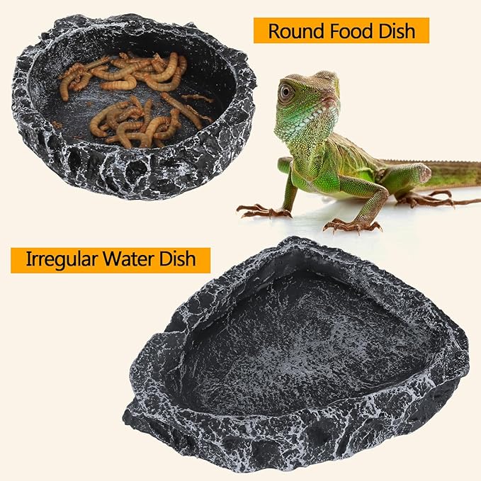 Reptile Water Dish Food Bowl for Bearded Dragon Tank Accessories, Hygger zoo Reptile Rock Feeder for Reptile Tank 2 Pack Corner Resin Terrarium Bowl for Leopard Gecko Hermit Crab Tortoise Snake, Black