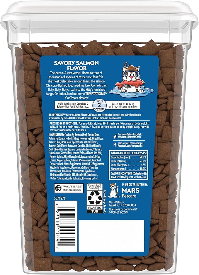 TEMPTATIONS Classic Crunchy and Soft Cat Treats Savory Salmon Flavor, 16 oz. Tub
