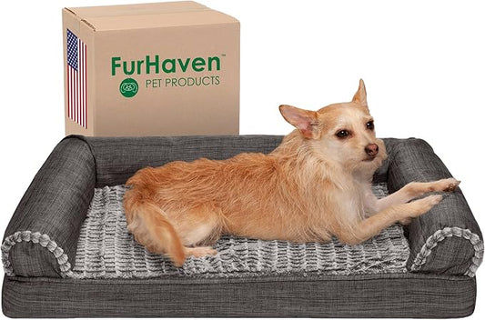 Furhaven Orthopedic Dog Bed for Medium/Small Dogs w/ Removable Bolsters & Washable Cover, For Dogs Up to 35 lbs - Luxe Faux Fur & Performance Linen Sofa - Charcoal, Medium