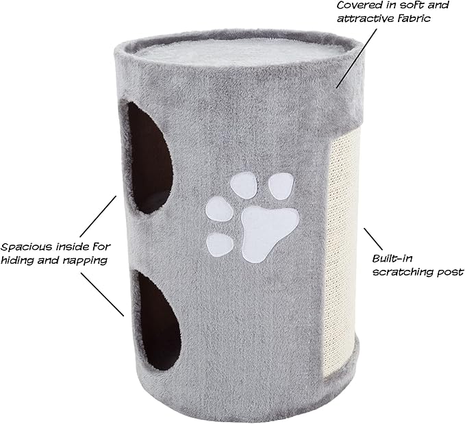 20.5-Inch Cat Condo - 2 Story Cat House with Sisal Scratch Pad, Barrel Shaped Pet House Covered in Soft Fabric by PETMAKER (Gray)