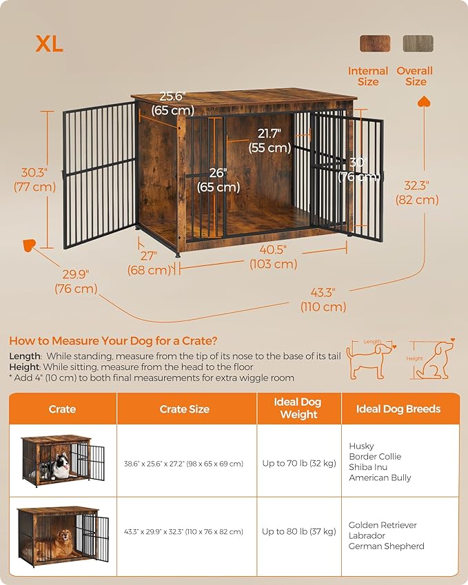 Feandrea Dog Crate Furniture, Side End Table, Modern Kennel for Dogs Indoor up to 80 lb, Heavy-Duty Dog Cage with Enclosed Base, Double-Door Dog House, Rustic Brown UPFC024X01