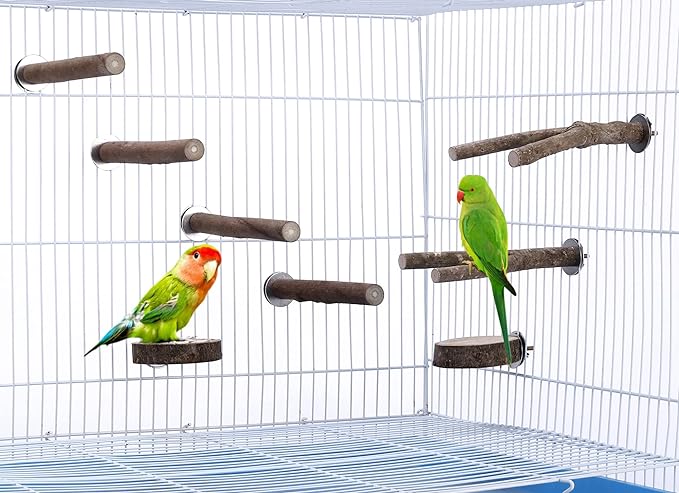 Mogoko 8 PCS Natural Wood Bird Perch Birdcage Stand Wooden Parrot Perch Stand Perch Platform Cage Accessories for Parrotlets Budgies Cockatiels Parakeets Lovebirds