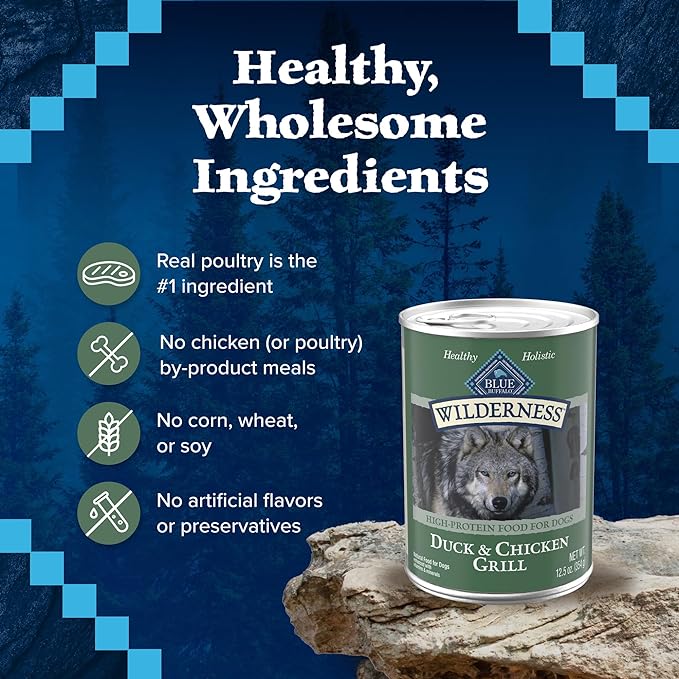 Blue Buffalo Wilderness Adult Wet Dog Food, High-Protein & Grain-Free, Made with Natural Ingredients, Duck & Chicken Grill, 12.5-oz. Cans, 12 Count