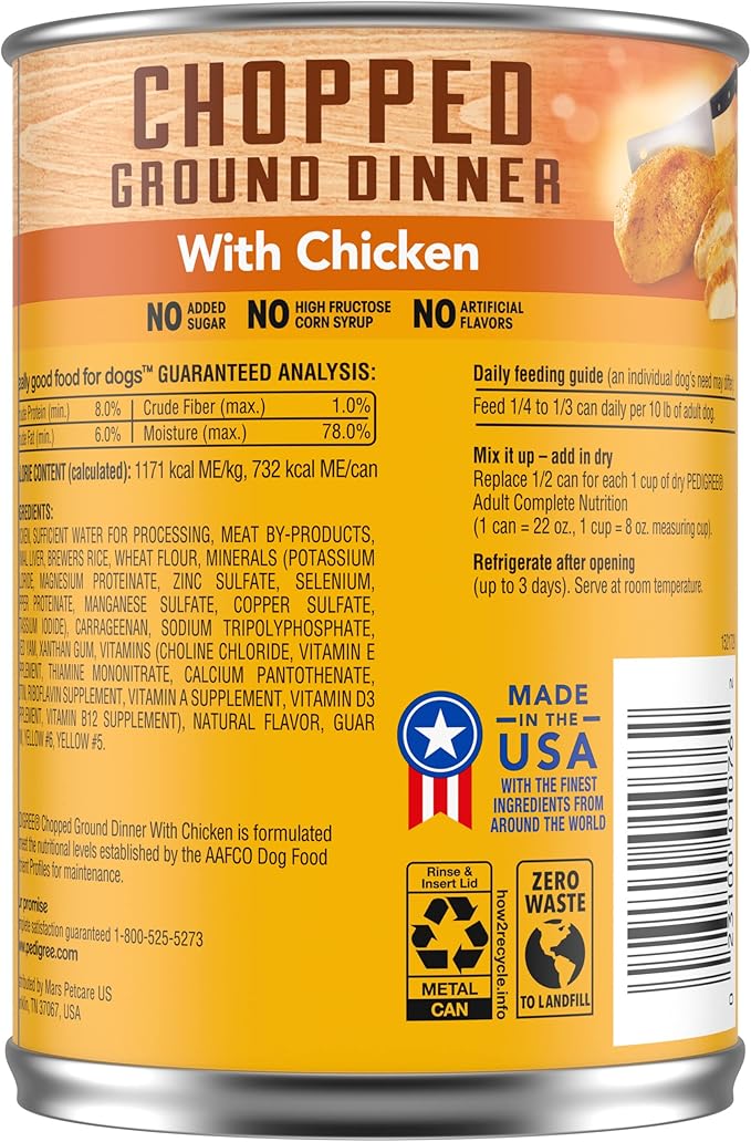 PEDIGREE CHOPPED GROUND DINNER Adult Canned Soft Wet Dog Food with Chicken, 22 oz. Cans (Pack of 12)