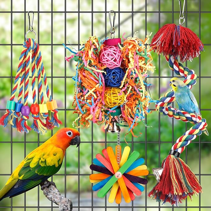 Bird Toys Bird Rope Perch with Bell Colorful Bird Chewing Shredding Foraging Toys Parakeet Toy Parrot Swing Climbing Standing Hanging Toys Bird Cage Accessories for Conure Cockatiel Budgies Lovebird