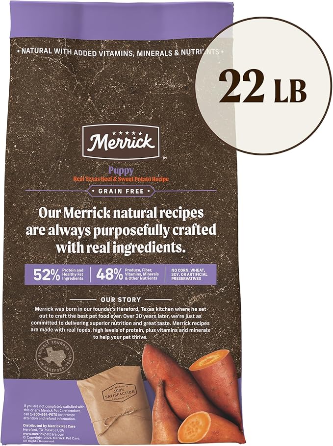 Merrick Premium Grain Free Dry Puppy Food, Wholesome and Natural Kibble with Real Texas Beef and Sweet Potato - 22.0 lb. Bag