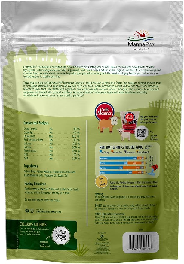 Manna Pro Farmhouse Favorites Mini Goat & Cattle Treats – Premium Baked Snacks for Mini Goats & Mini Cattle – Hand Mixed – Alfalfa & Molasses Flavored – 3lb Bag
