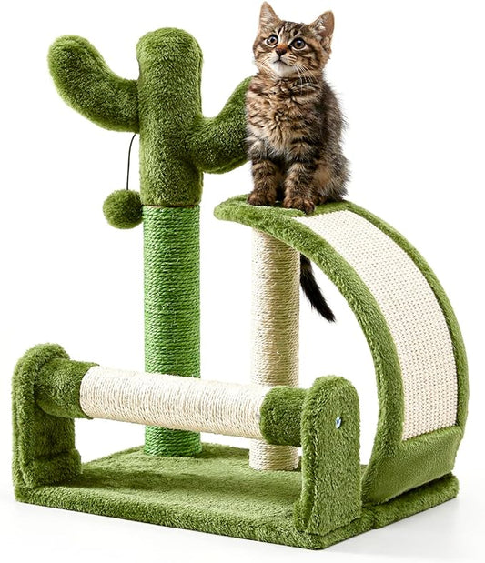 Made4Pets Cat Scratching Post, Cactus Scratcher Tree for Indoor Small Cats, Adult Kitten Scratch Pad with Natural Sisal Ropes, Cute Kitty Nail File Vertical Scratcher with Green Carpet Cover