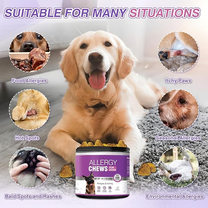 Dog Allergy Chews 200PCs - Dog Allergy and Itching Skin Relief Anti Itch Aller Immune Bites for Dogs Itching Itchy Paw Relief Itch Allergy Probiotics Support Chew Vitamins for Skin and Coat Allergies