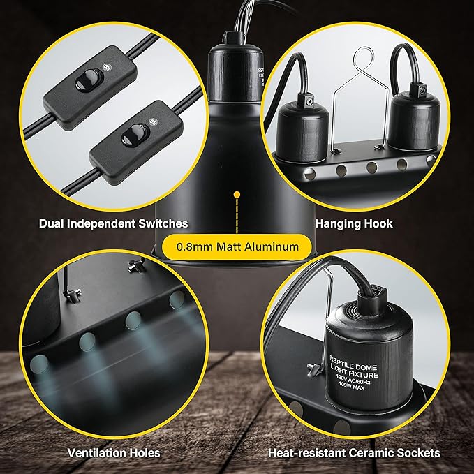 Simple Deluxe Reptile Lamp Fixture Dual Dome Light Double Sockets Bulbs Holder with Independent Switches and 22"-35" Adjustable Metal Floor Lamp-Holder, for Amphibians Terrarium, Turtle Tank