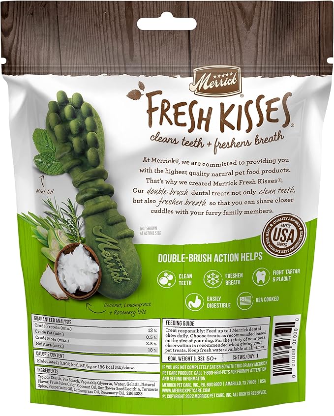 Merrick Fresh Kisses Natural Dental Chews Infused With Coconut And Botanical Oils For Large Dogs Over 50 Lbs - 4 ct. Bag