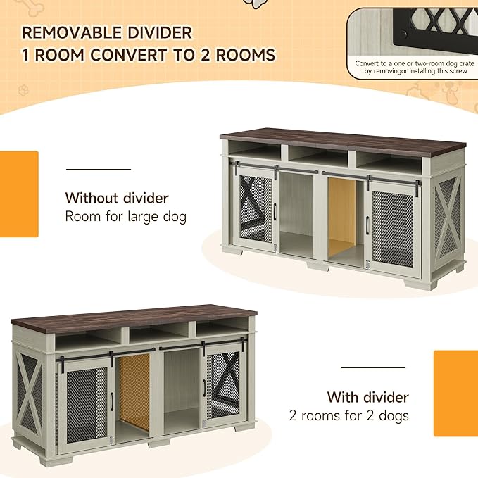 Dog Crate Furniture, 71" Heavy Duty Indoor Dog Kennel Furniture with 3 Storage Cubby for 2 Dogs, Versatile Dog House with Removable Divider for Large Dog, White/Dark Walnut