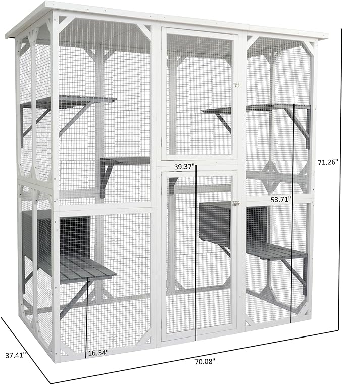 72 Inch Wooden Catio Outdoor Cat Enclosure on Wheels, Luxury Kitty-House with 8 Jumping Platforms & Weatherproof Asphalt Roof, Kitty Condo Cage Shelter Playpen with Sliding Doors