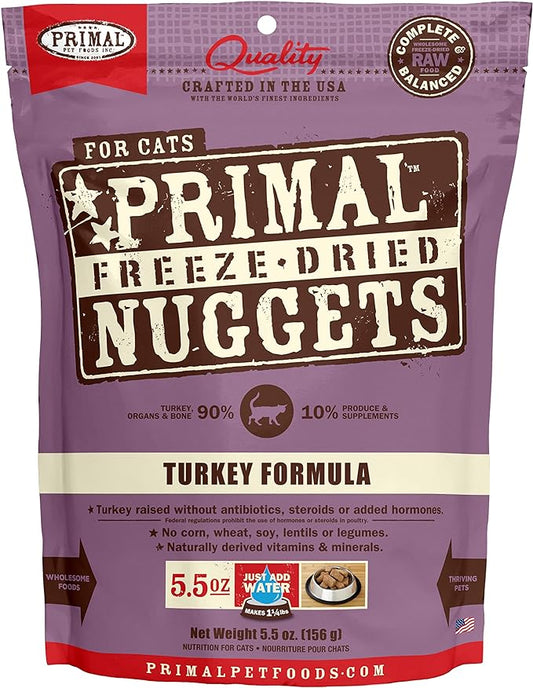 Primal Freeze Dried Cat Food Nuggets Turkey; Complete & Balanced Meal or Topper; Premium, Healthy, Grain Free, High Protein Raw Cat Food with Probiotics (5.5 oz)