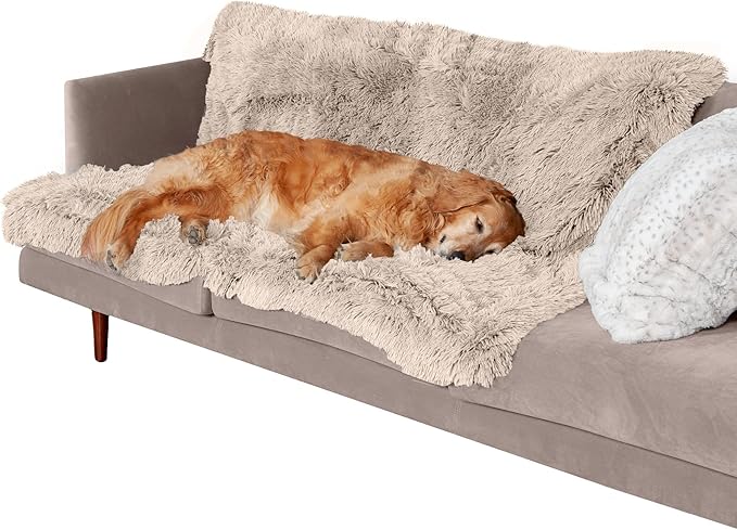 Furhaven Waterproof Throw Blanket for Dogs & Indoor Cats, Washable - Shaggy Plush Calming Long Faux Fur & Velvet Dog Blanket - Taupe, Extra Large/XL (Color May Vary)