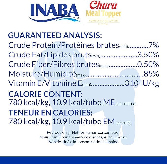 INABA Churu Meal Topper for Dogs, Complete & Balanced, Creamy, Lickable Purée Dog Food Topper, 0.5 Ounce Tube, 12 Tubes (4 per Pack) Chicken Recipe