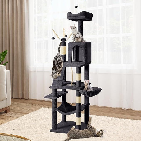 YITAHOME 64.5" Cat Tree, Multi-Level Cat House, Large Cat Condo Furniture with Perch Hammock, Scratching Posts and Dangling Balls for Kittens, Cats and Pets,Dark Gray