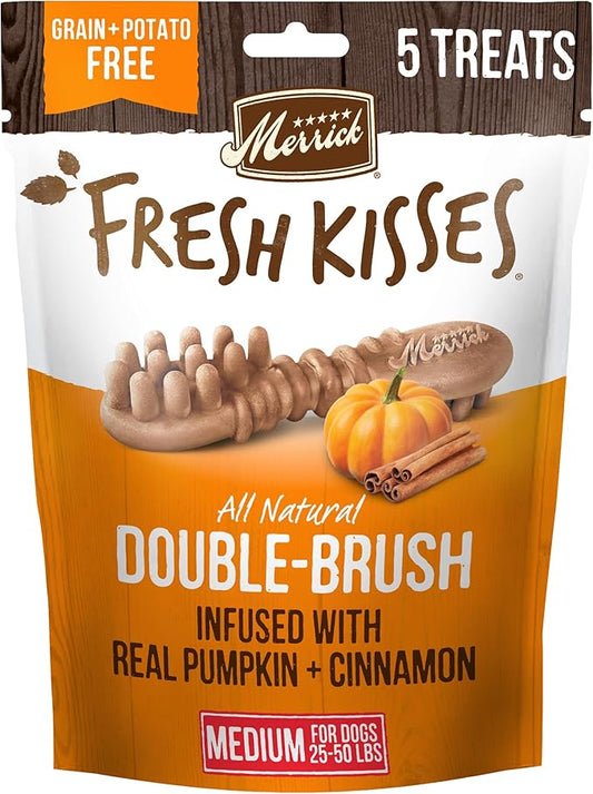 Merrick Fresh Kisses Natural Dental Chews, Treats Infused with Pumpkin and Cinnamon for Medium Dogs 25-50 Lbs - 5 oz. Pouch