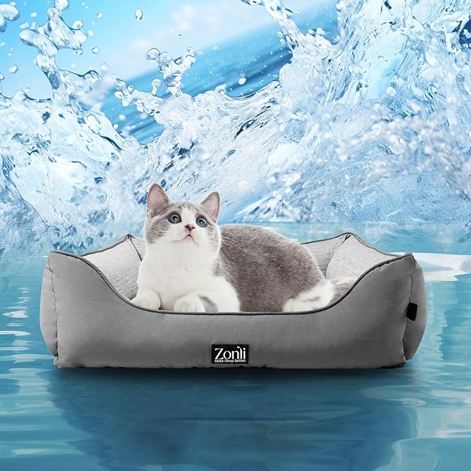 ZonLi Cooling Dog Bed, Dog Bed for Small Dogs & Cats, Dog Cooling Bed with Bolsters Waterproof, for Dogs Up to 15 lbs, Pet Bed with Washable Cover, Non-Slip Bottom, without Gel, Arctic Grey