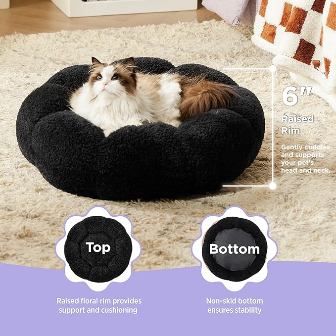 Lesure Calming Cat Beds for Indoor Cats - Cute Flower Pet Beds in Teddy Sherpa Plush, Donut Round Fluffy Puppy Bed, Non-Slip Extra Small Dog Bed Fits up to 15 lbs, Machine Washable, Black 20"