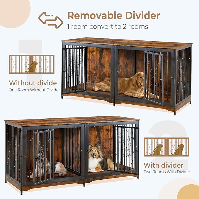 71'' Dog Crate Furniture for 2 Dogs, Wooden Double Dog Crate Large Breed with Cushion, XXL Indoor Dog Kennel TV Stand End Table with Divider for Large Medium Dogs, Brown