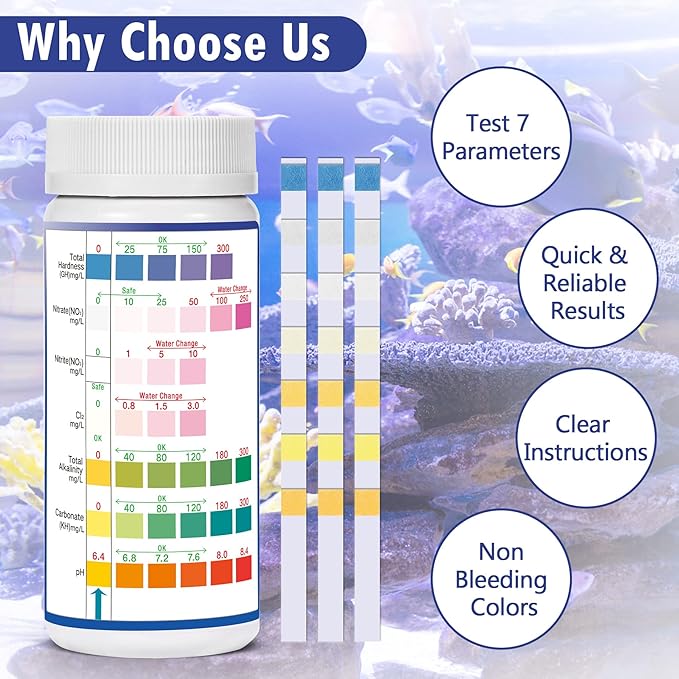 Aquarium Test Strips for Freshwater Fish: 7 in 1 Fish Tank Water Testing Kit for Aquarium Pond - Accurate Testing Nitrate Nitrite Hardness Free Chlorine pH Carbonate Total Alkalinity-150 Strips